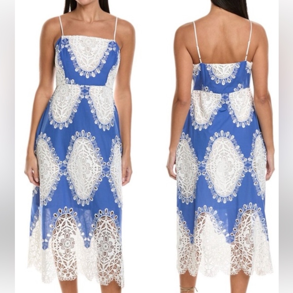 Jade, Johnny Was Blue and White Crochet Lace Midi Dress